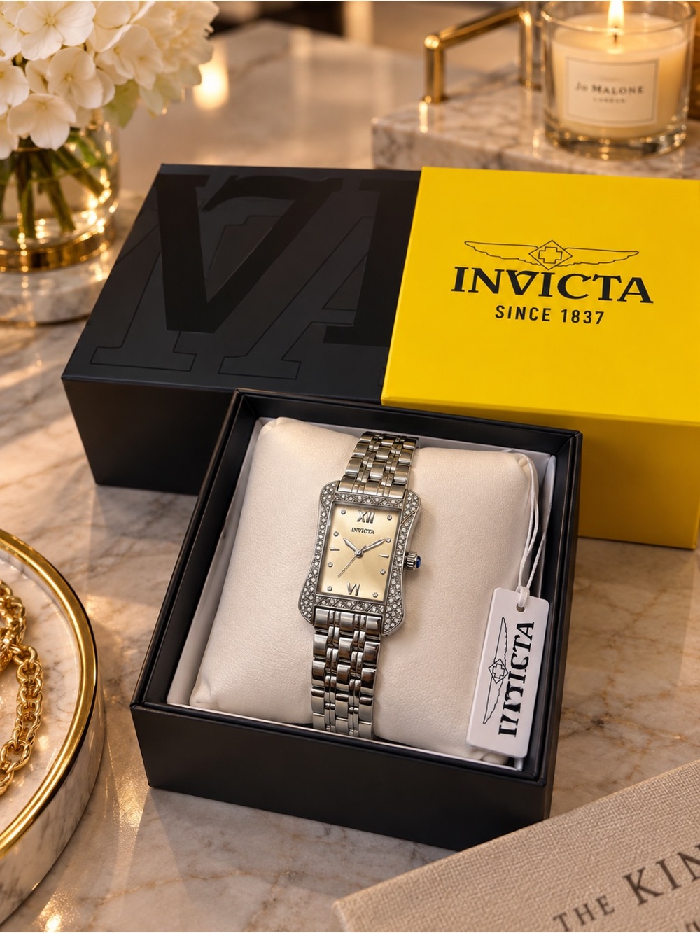 Invicta Women’s Silver Crystal Rectangular Watch Champagne Dial NWT